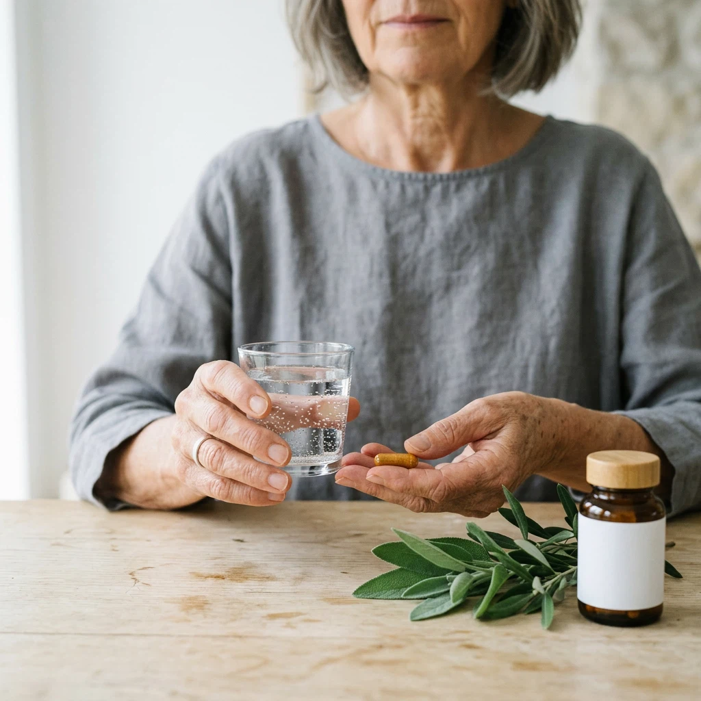 Händer håller vattenglas och kapsel - daglig rutin med Revixol