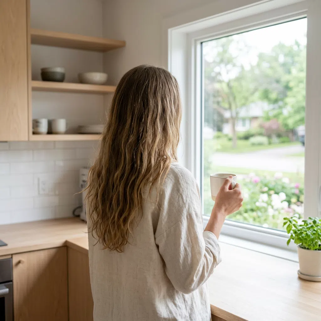 Anonym person i ljust nordiskt kök - wellness-livsstil